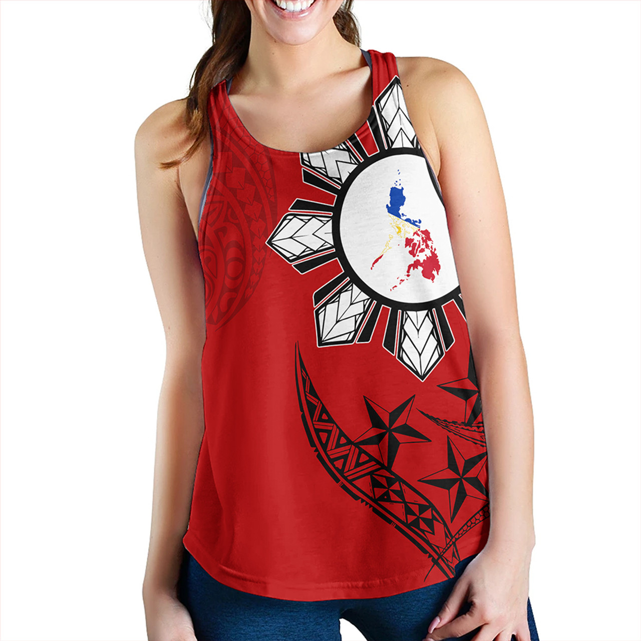 Philippines Women Tank Tribal Sun In My Heart Red Style