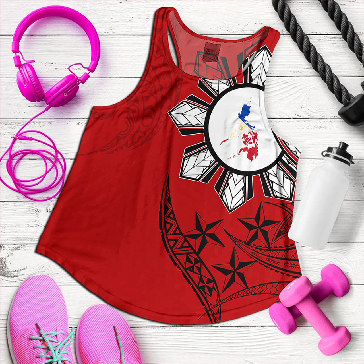 Philippines Women Tank Tribal Sun In My Heart Red Style