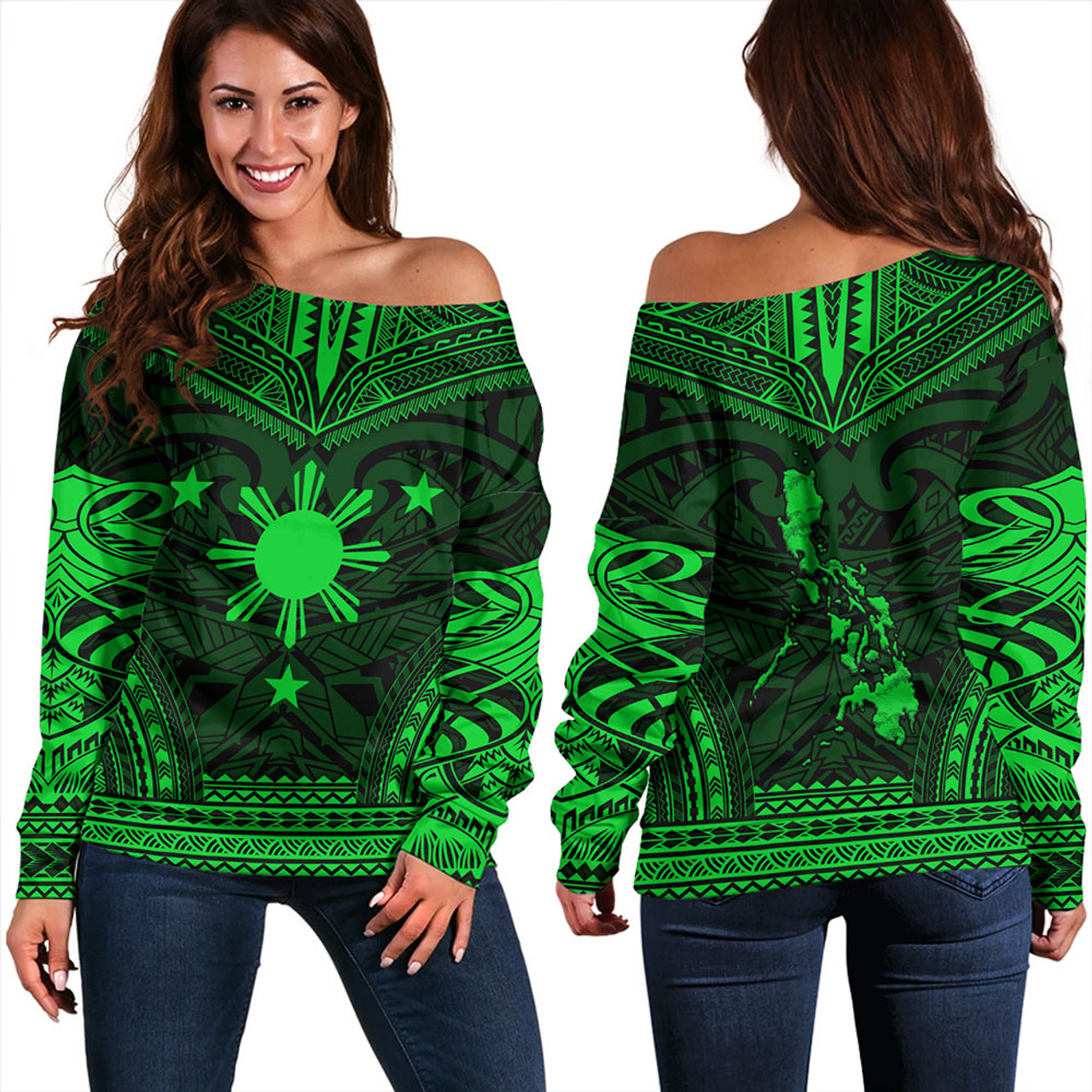 Philippines Off Shoulder Sweatshirt - Philippines Cheif Tattoo Patterns Style