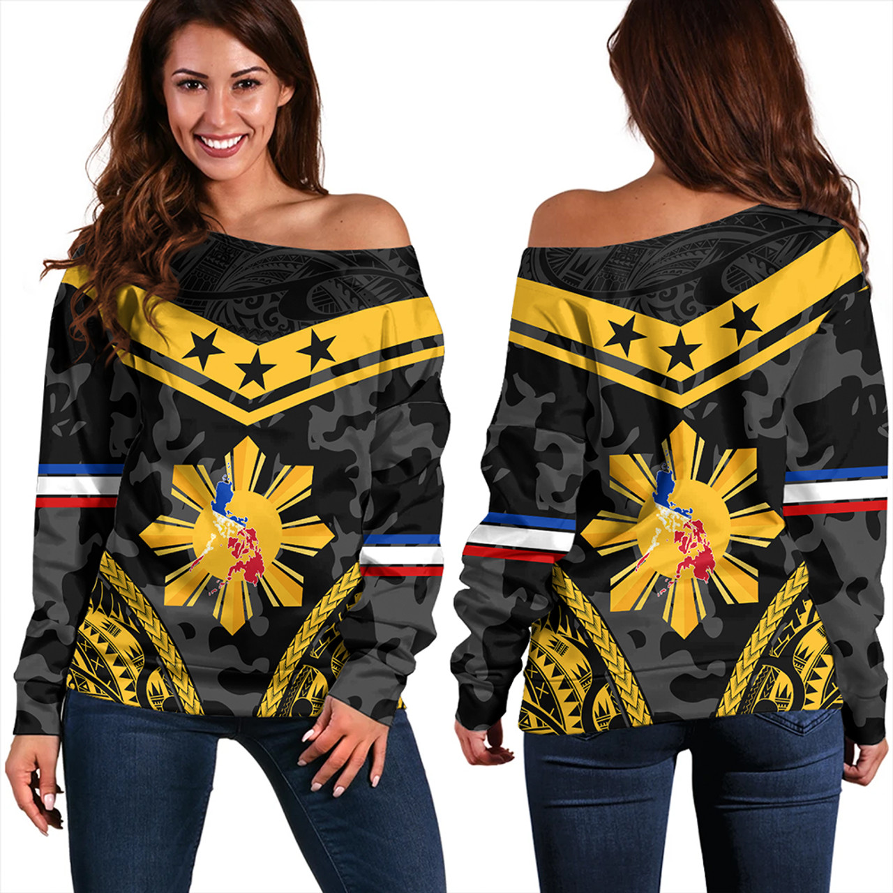 Philippines Off Shoulder Sweatshirt Polynesian Sun Star Style Camouflage