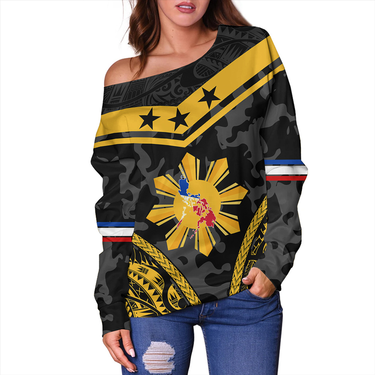 Philippines Off Shoulder Sweatshirt Polynesian Sun Star Style Camouflage