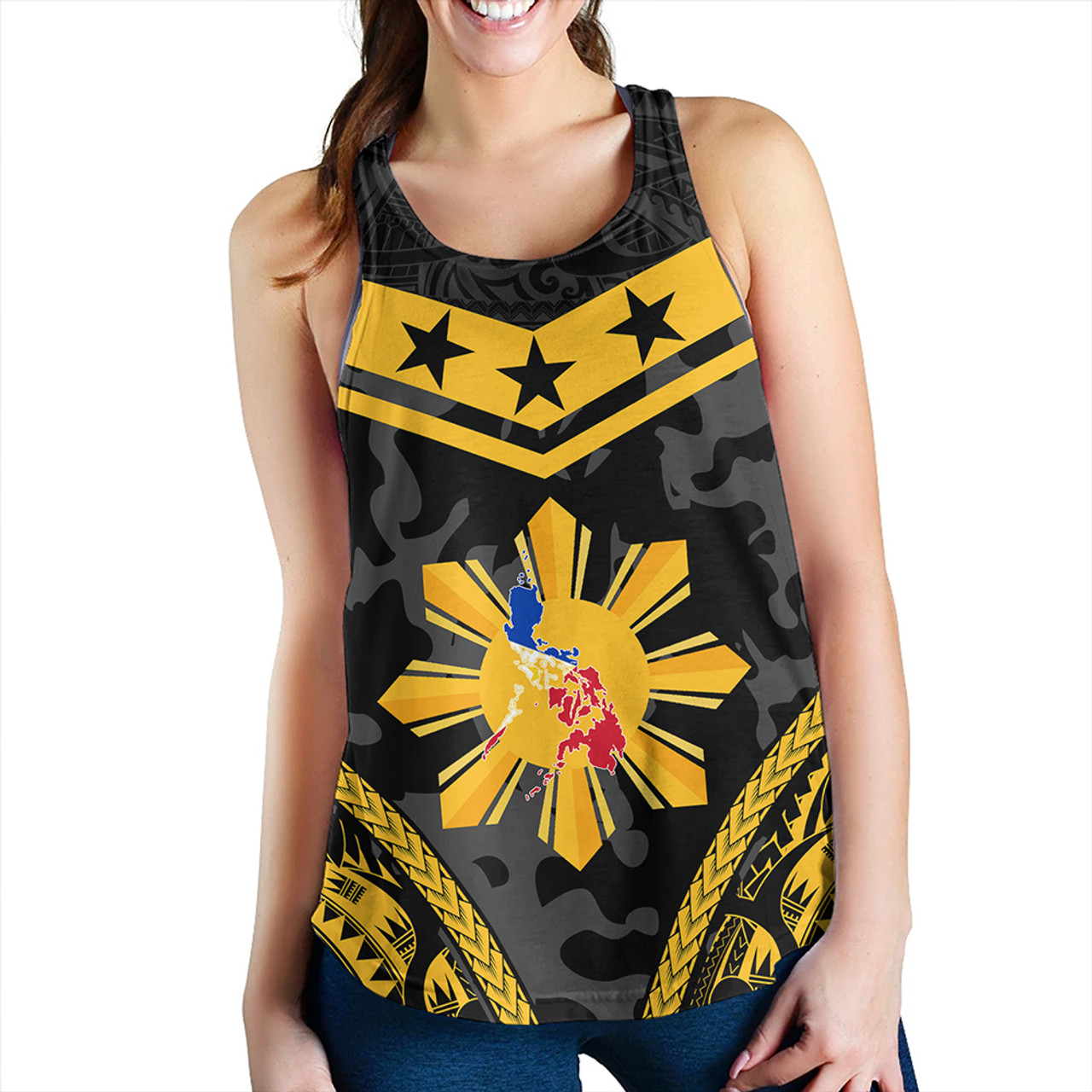 Philippines Women Tank Polynesian Sun Star Style Camouflage