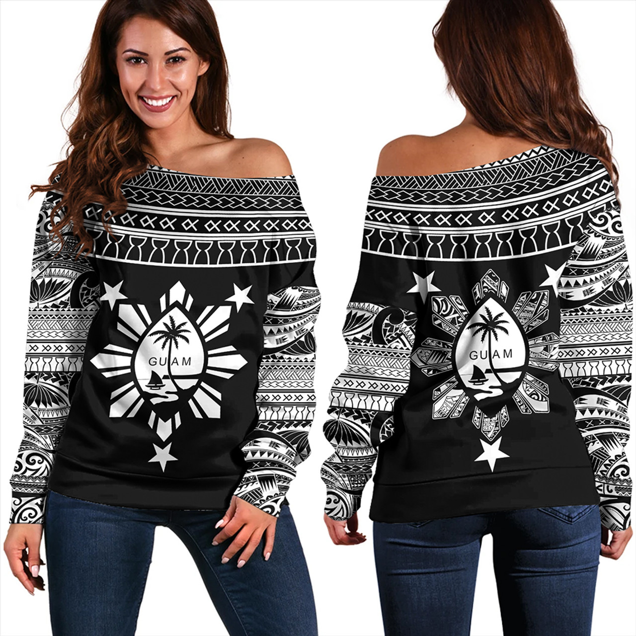 Guam Seal With Philippines Sun Off Shoulder Sweatshirt Tribal Island