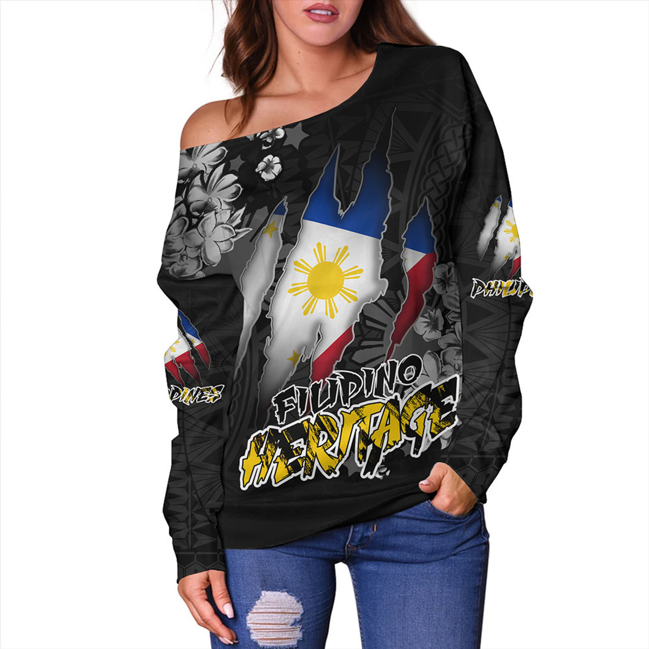 Philippines Custom Off Shoulder Sweatshirt Filipino Heritage Blood Inside Me