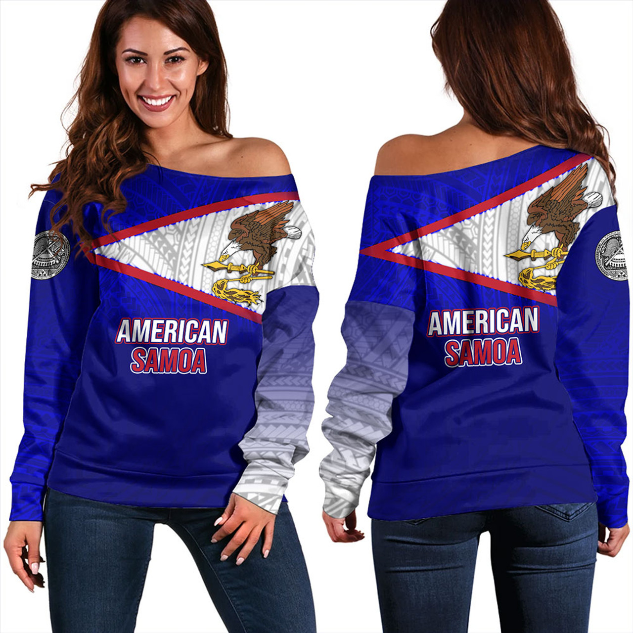 American Samoa Off Shoulder Sweatshirt - American Samoa Flag Color With Traditional Patterns