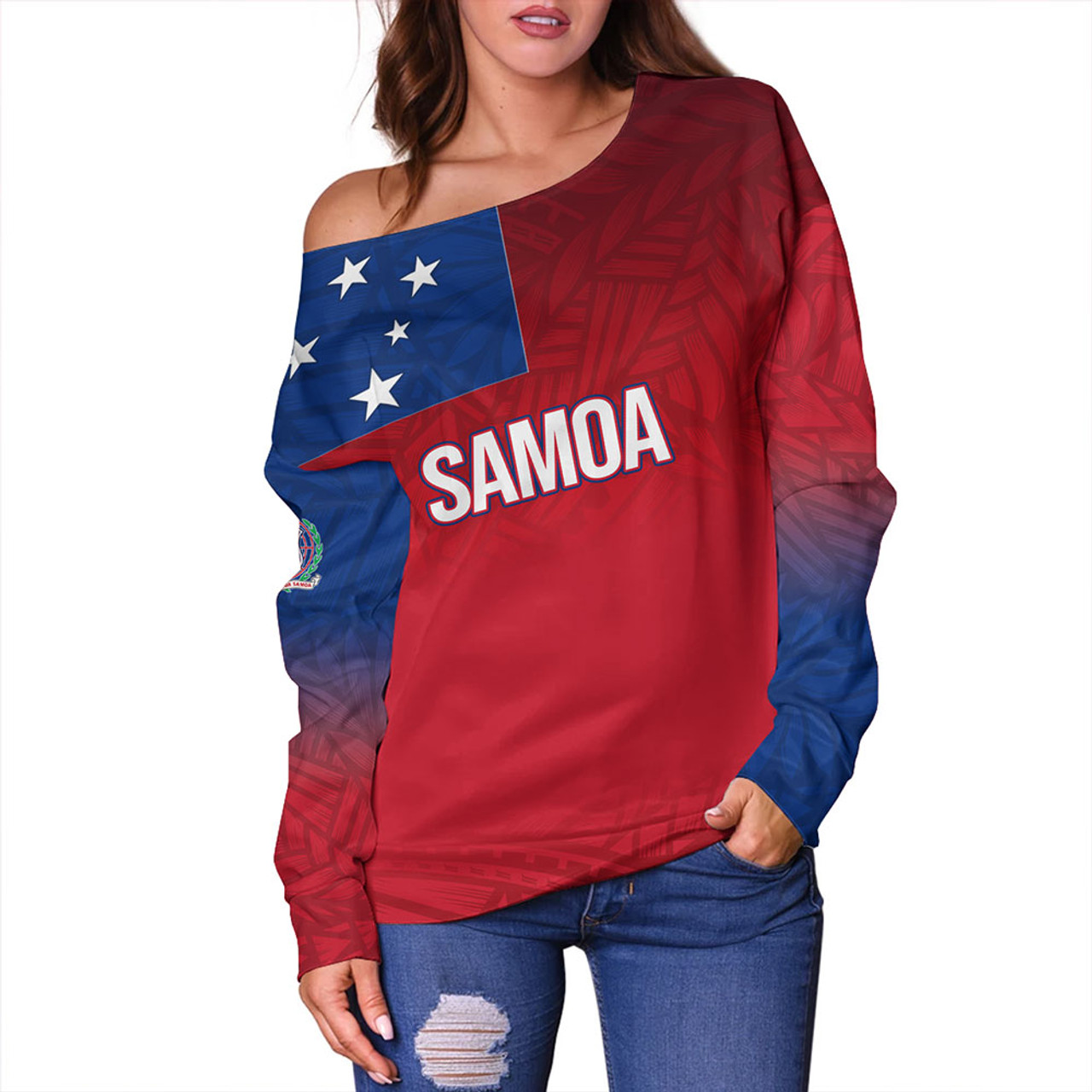 Samoa Off Shoulder Sweatshirt - Samoa Flag Color With Traditional Patterns