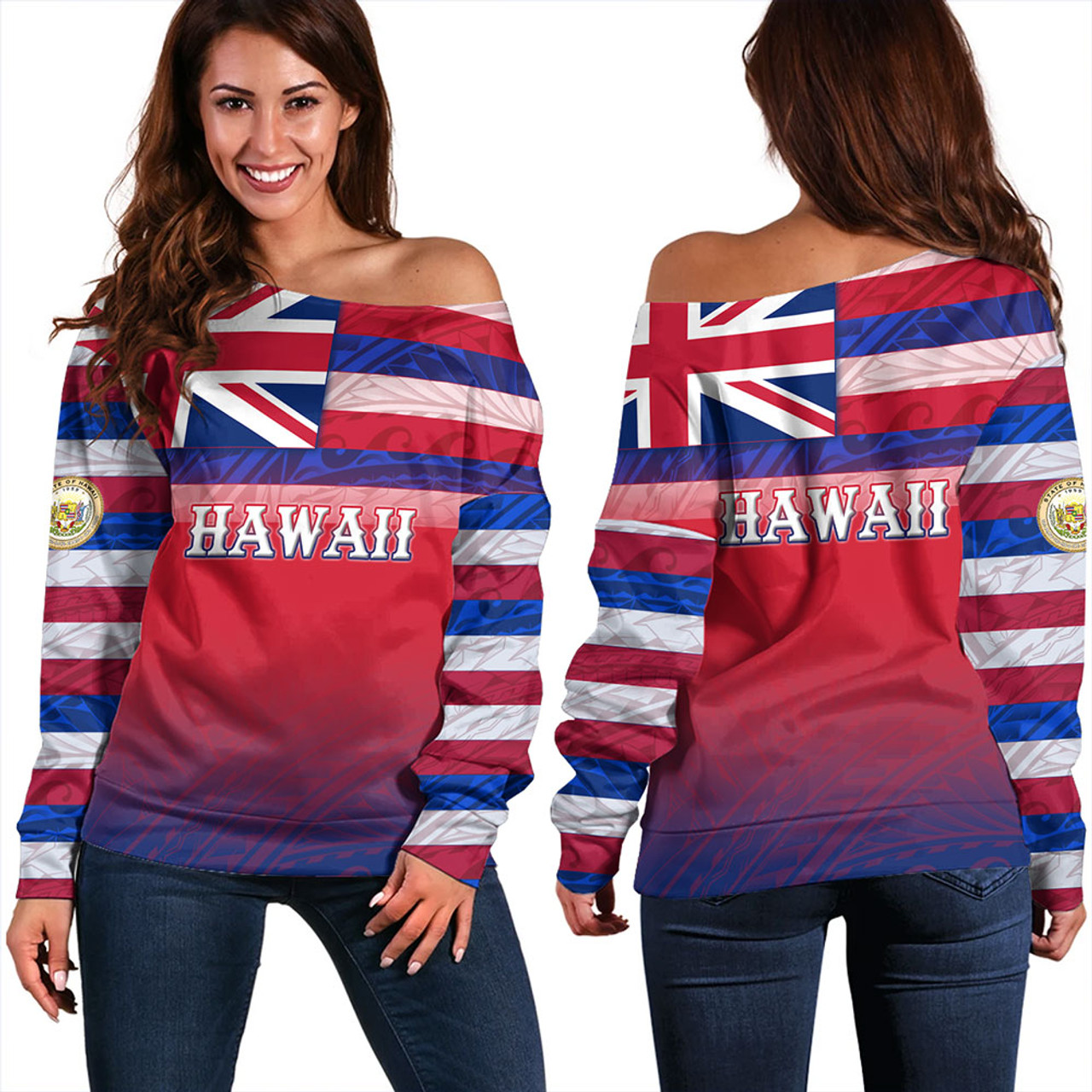 Hawaii Off Shoulder Sweatshirt - Hawaii Flag Color With Traditional Patterns