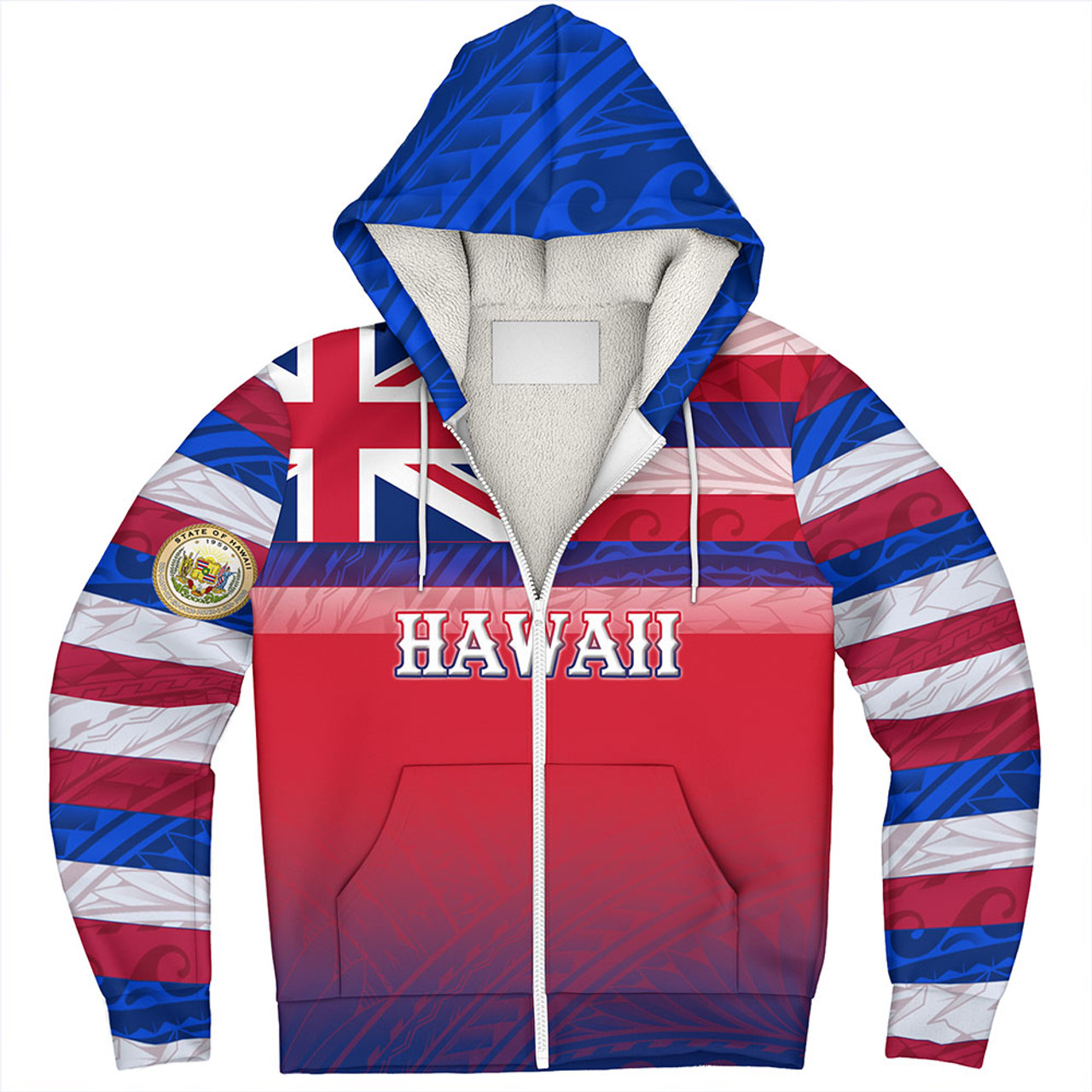 Hawaii Sherpa Hoodie - Hawaii Flag Color With Traditional Patterns
