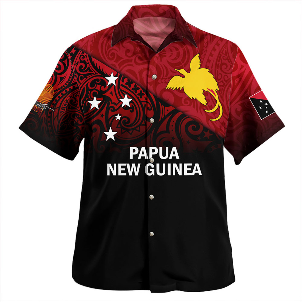 Papua New Guinea Hawaiian Shirt - PNG Flag Color With Traditional Patterns