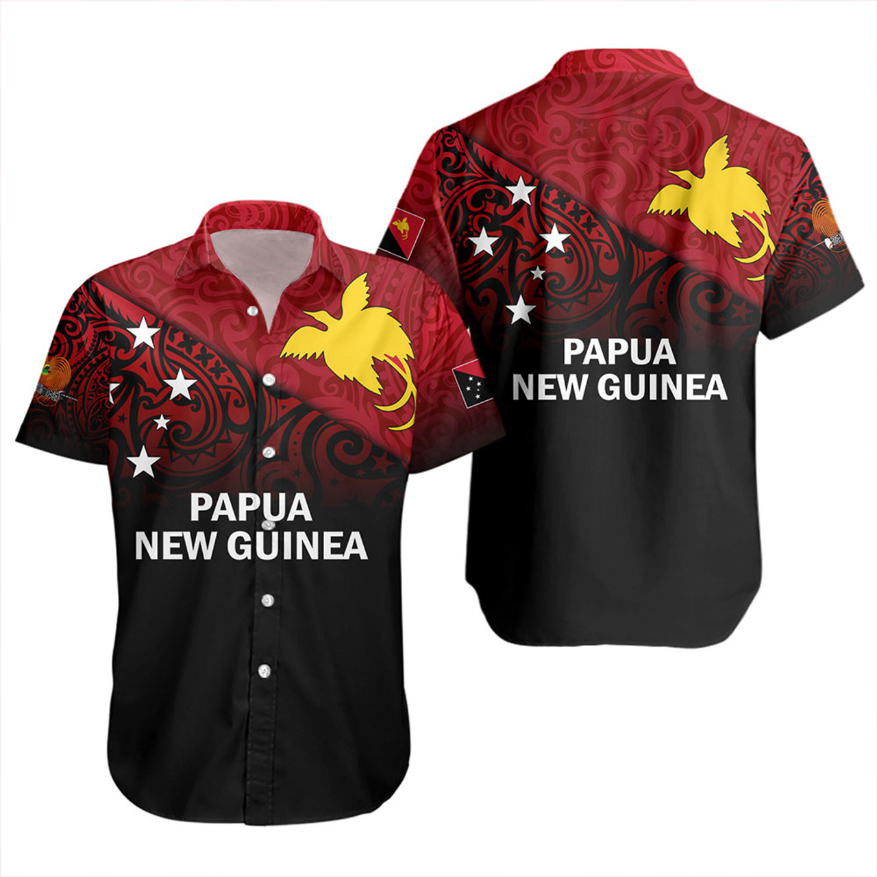 Papua New Guinea Short Sleeve Shirt - PNG Flag Color With Traditional Patterns