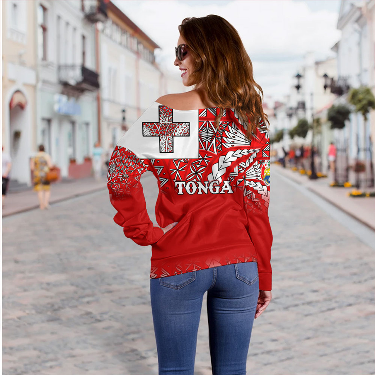 Tonga Off Shoulder Sweatshirt - Tonga Flag Color With Traditional Patterns