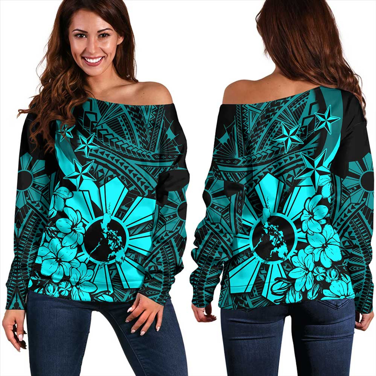 Philippines Off Shoulder Sweatshirt Polynesian Pattern Filipino Sampaguita