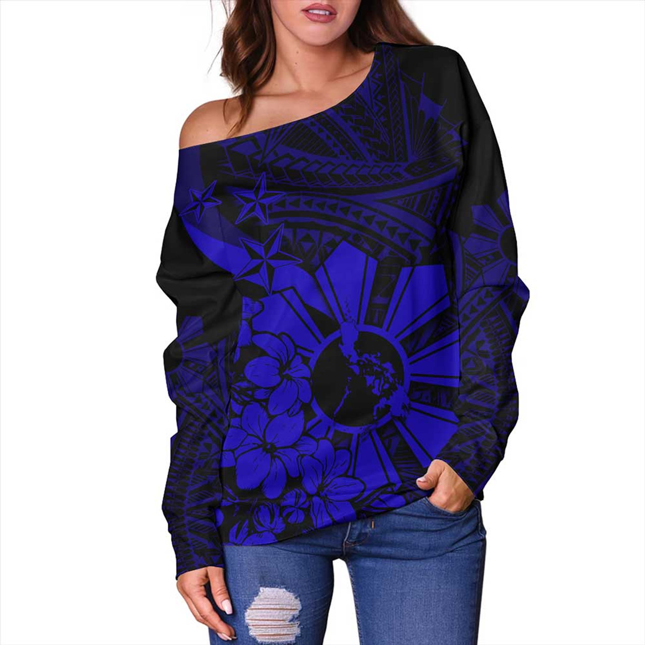 Philippines Off Shoulder Sweatshirt Polynesian Pattern Filipino Sampaguita