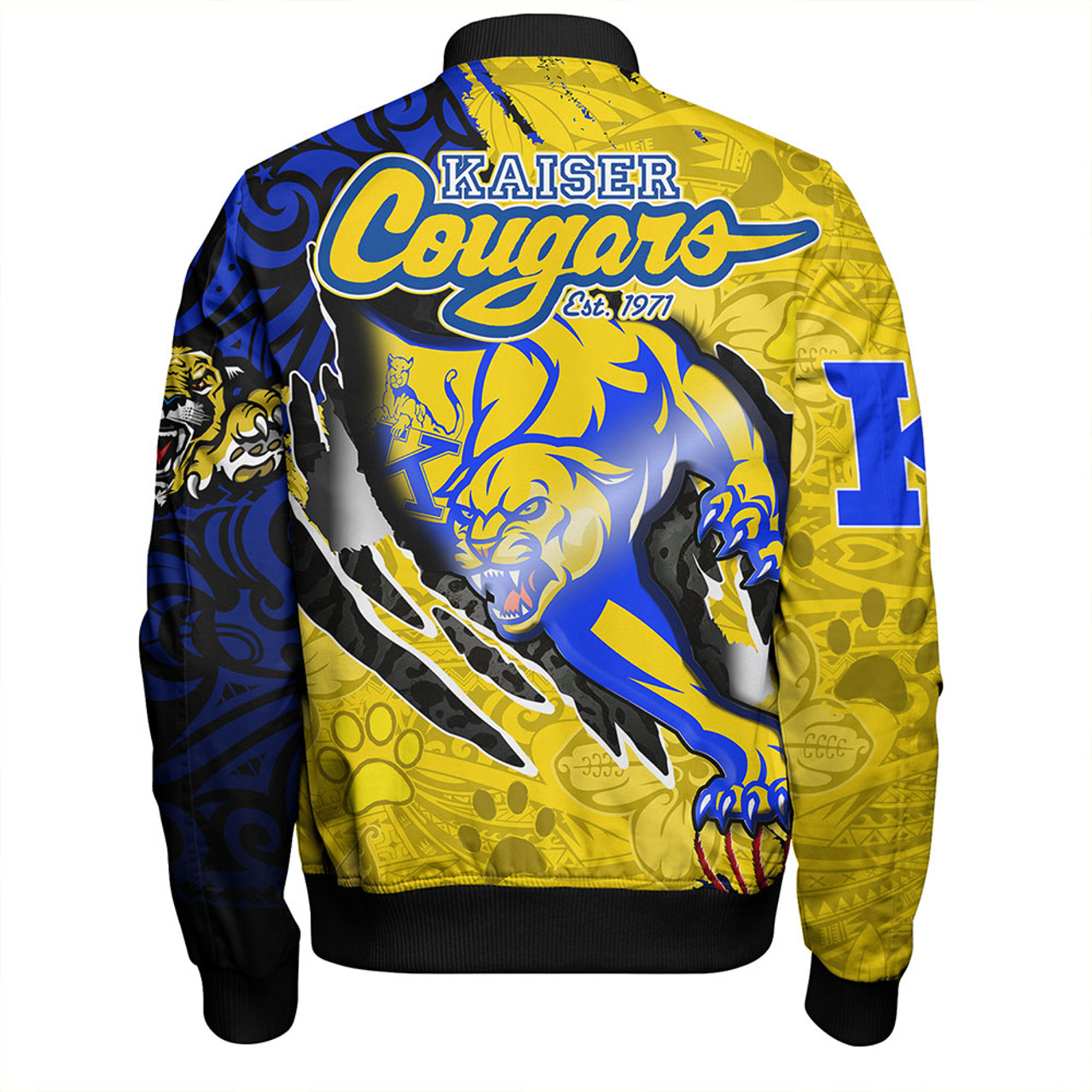 Hawaii Bomber Jacket Custom Henry J. Kaiser High School Super Cougar Arm Sleeve Polynesian Tattoo