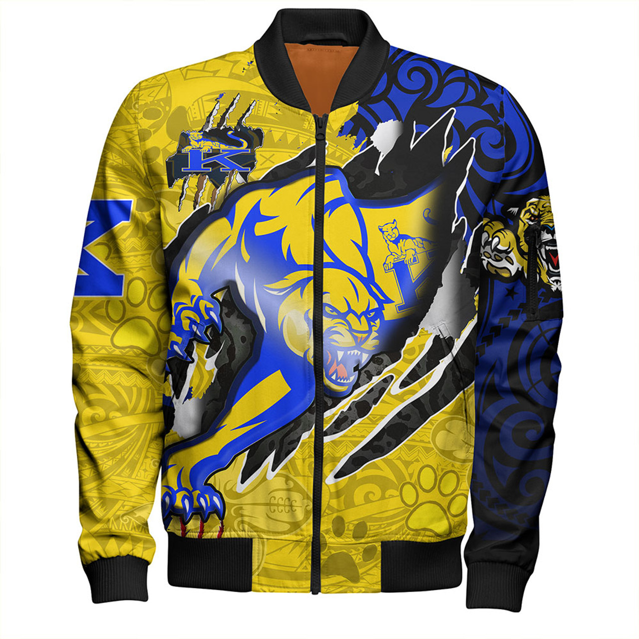 Hawaii Bomber Jacket Custom Henry J. Kaiser High School Super Cougar Arm Sleeve Polynesian Tattoo