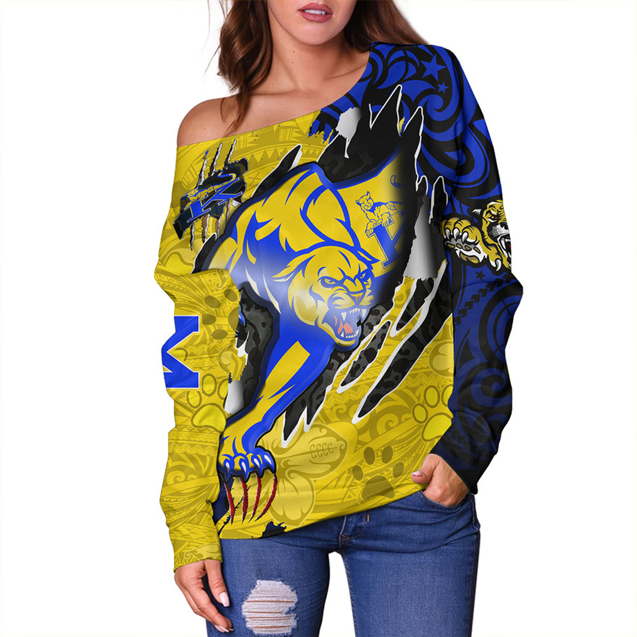 Hawaii Off Shoulder Sweatshirt Custom Henry J. Kaiser High School Super Cougar Arm Sleeve Polynesian Tattoo