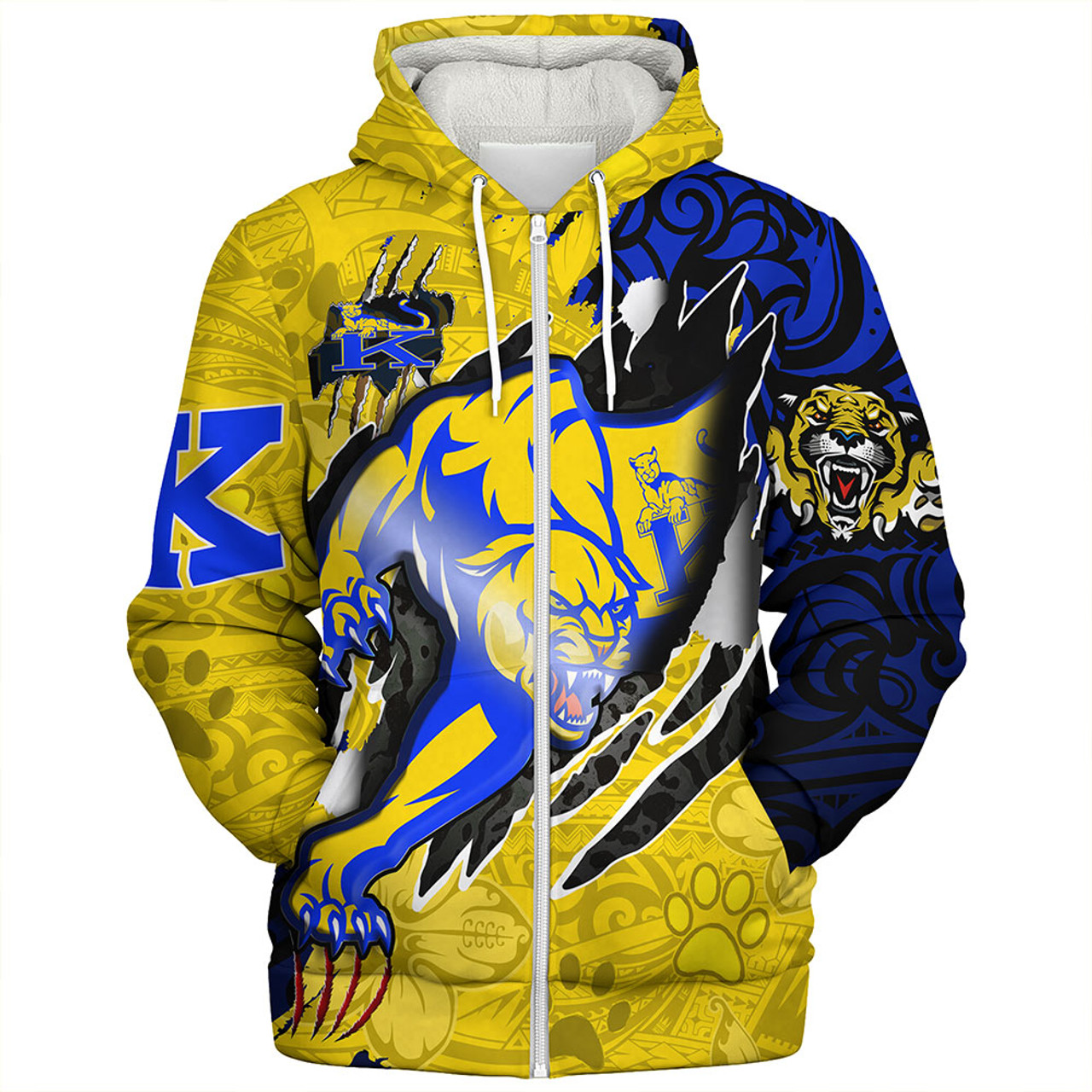 Hawaii Sherpa Hoodie Custom Henry J. Kaiser High School Super Cougar Arm Sleeve Polynesian Tattoo