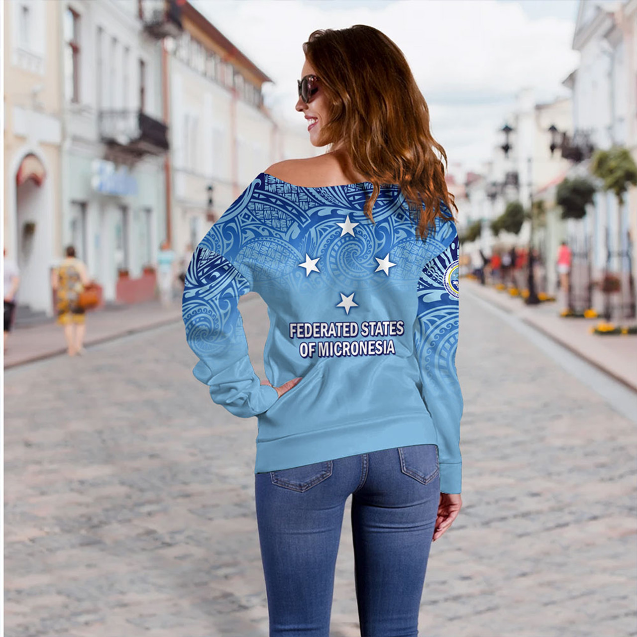 Federated States Of Micronesia Off Shoulder Sweatshirt - Flag Color With Traditional Patterns