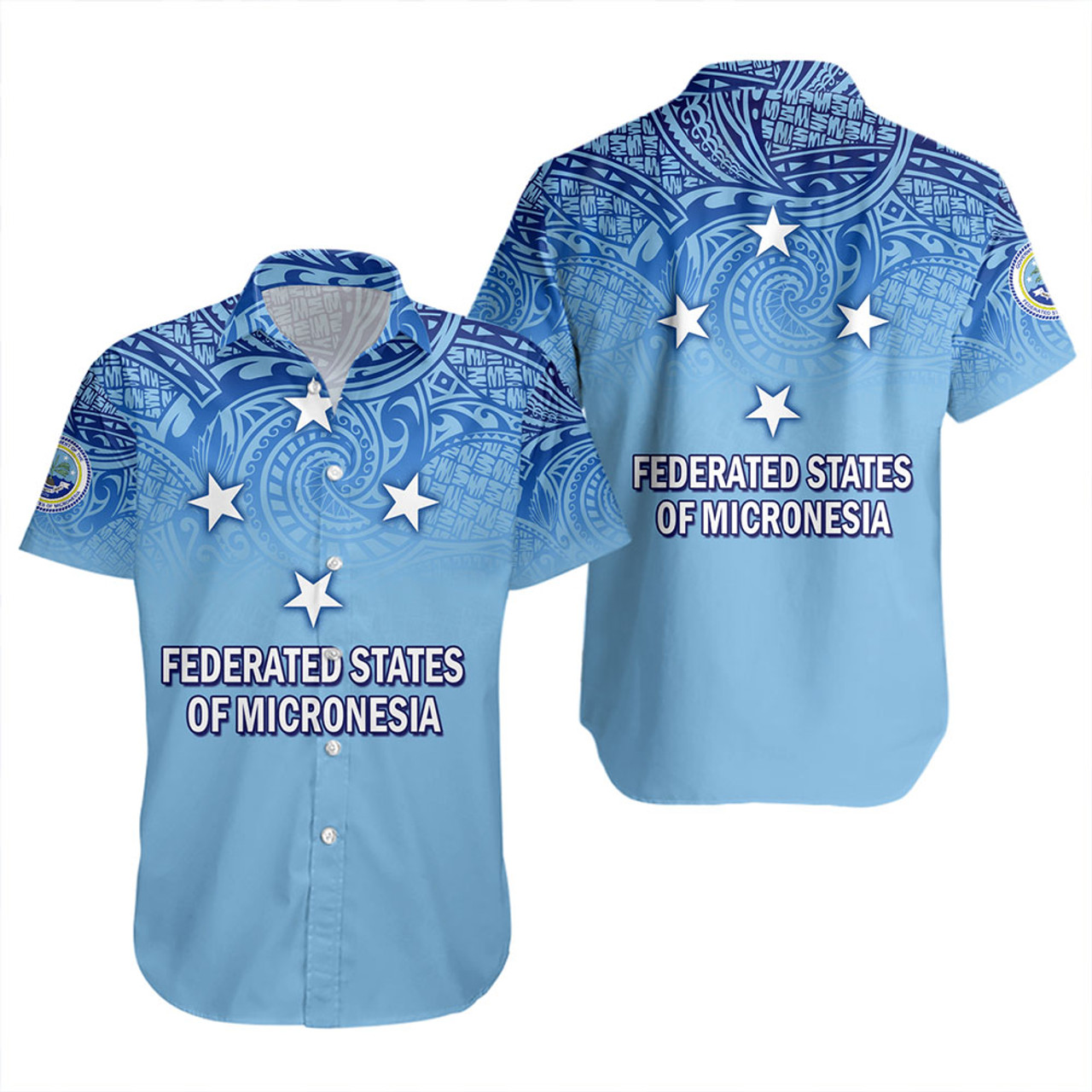 Federated States Of Micronesia Short Sleeve Shirt - Flag Color With Traditional Patterns