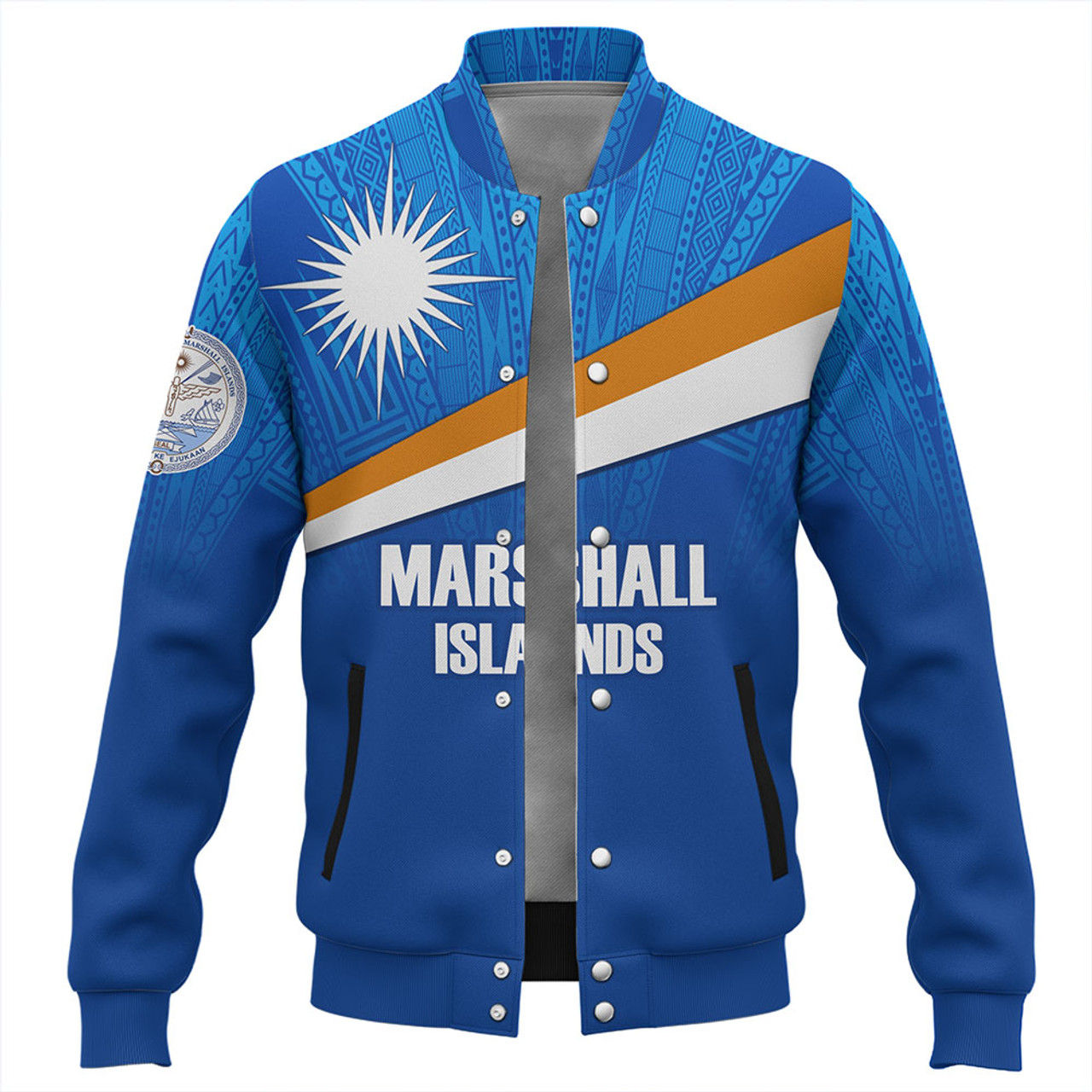 Marshall Islands Baseball Jacket - Flag Color With Traditional Patterns