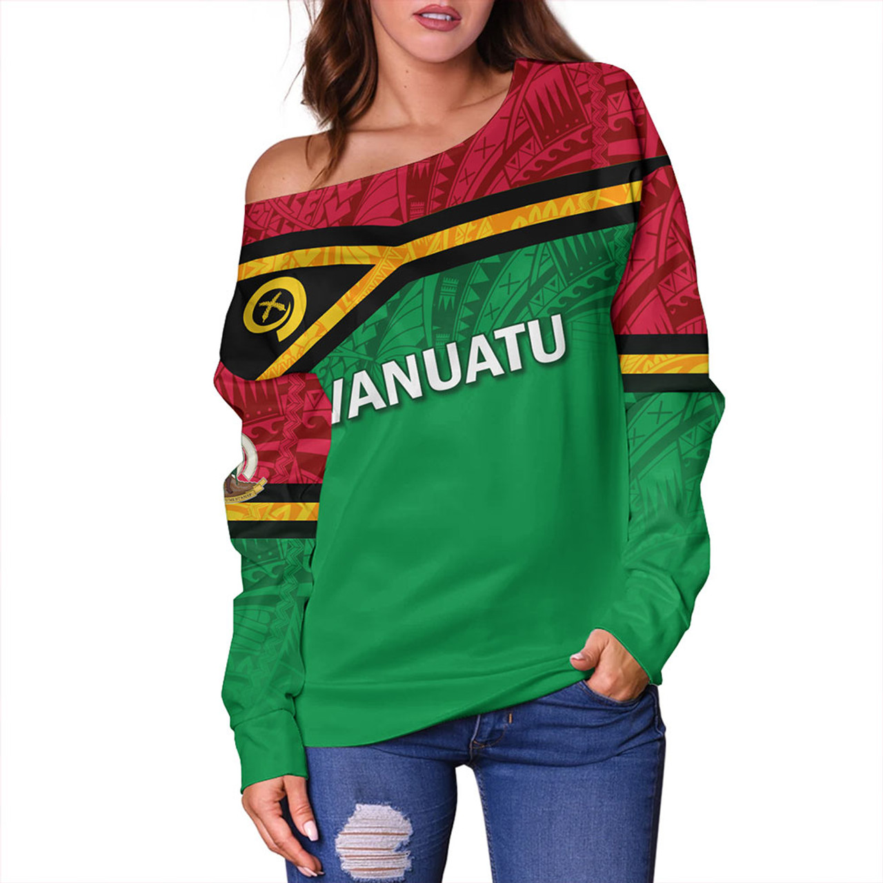 Vanuatu Off Shoulder Sweatshirt - Flag Color With Traditional Patterns
