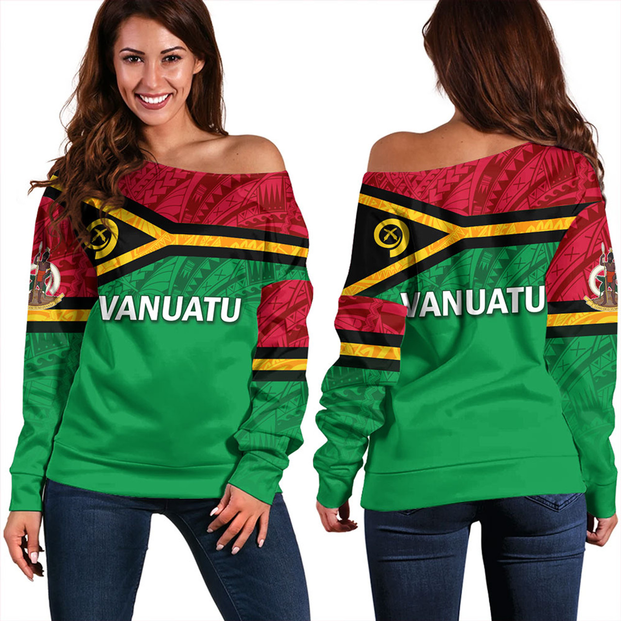 Vanuatu Off Shoulder Sweatshirt - Flag Color With Traditional Patterns