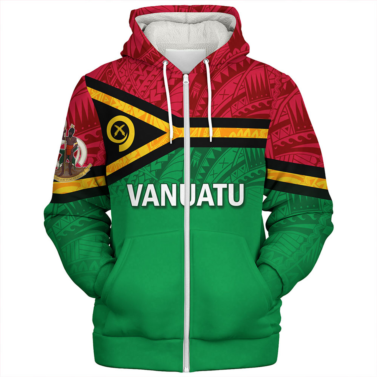 Vanuatu Sherpa Hoodie - Flag Color With Traditional Patterns
