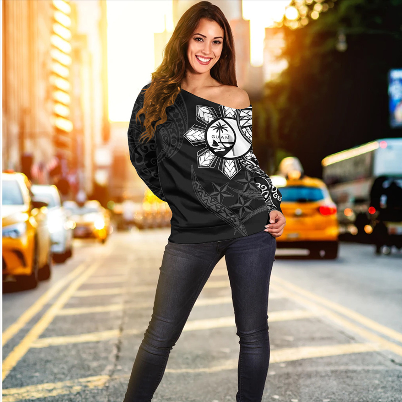 Philippines Off Shoulder Sweatshirt With Guam Seal Tribal Sun In My Heart