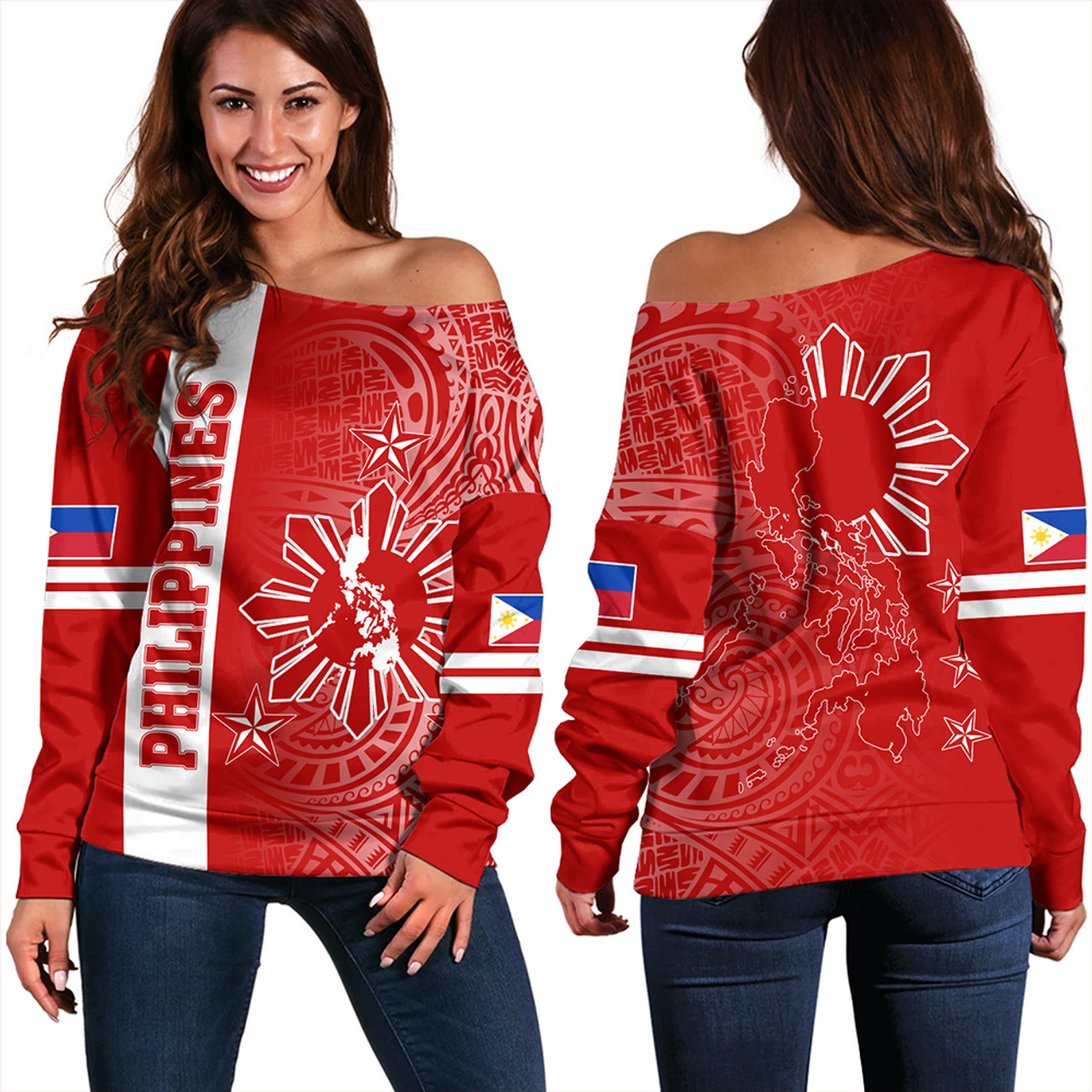 Philippines Off Shoulder Sweatshirt Lauhala Half Concept Red