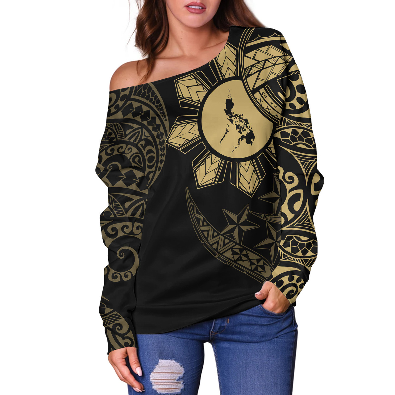 Philippines Off Shoulder Sweatshirt Tribal Sun In My Heart Gold