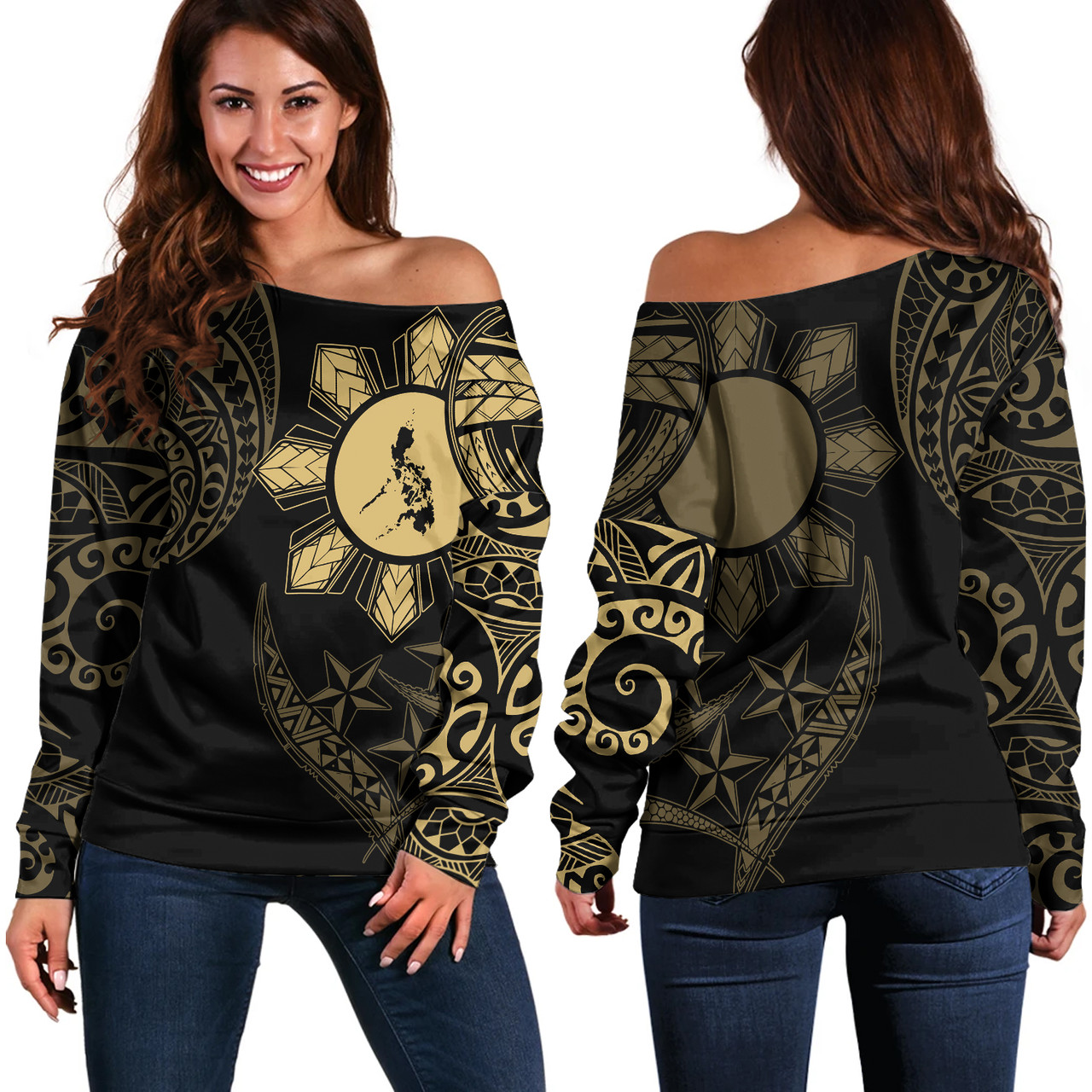 Philippines Off Shoulder Sweatshirt Tribal Sun In My Heart Gold