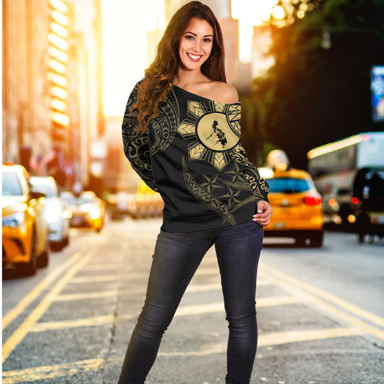 Philippines Off Shoulder Sweatshirt Tribal Sun In My Heart Gold