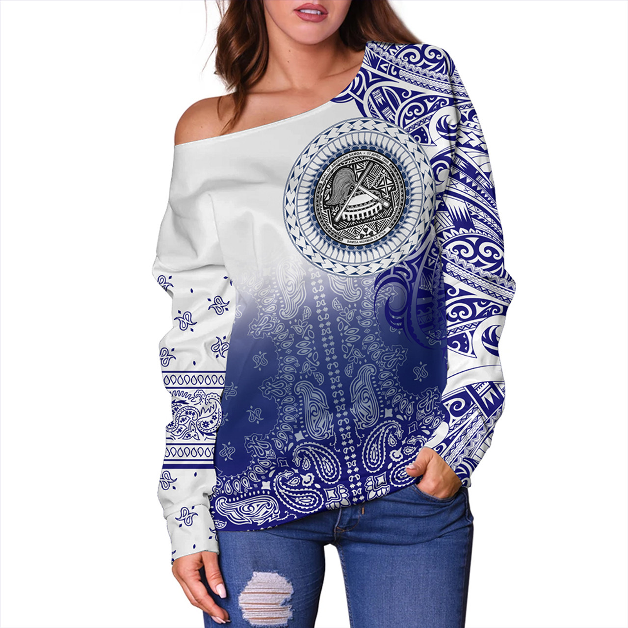 Samoa Off Shoulder Sweatshirt Custom American Samoa Pattern With Paisley Style