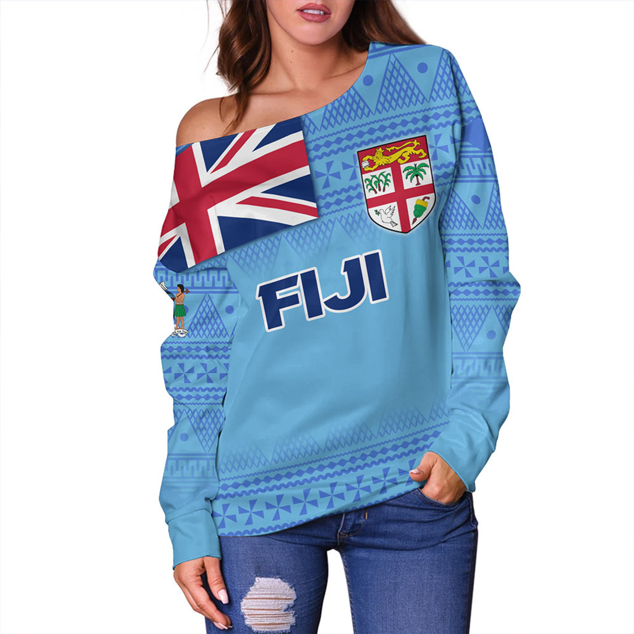 Fiji Off Shoulder Sweatshirt - Flag Color With Traditional Patterns