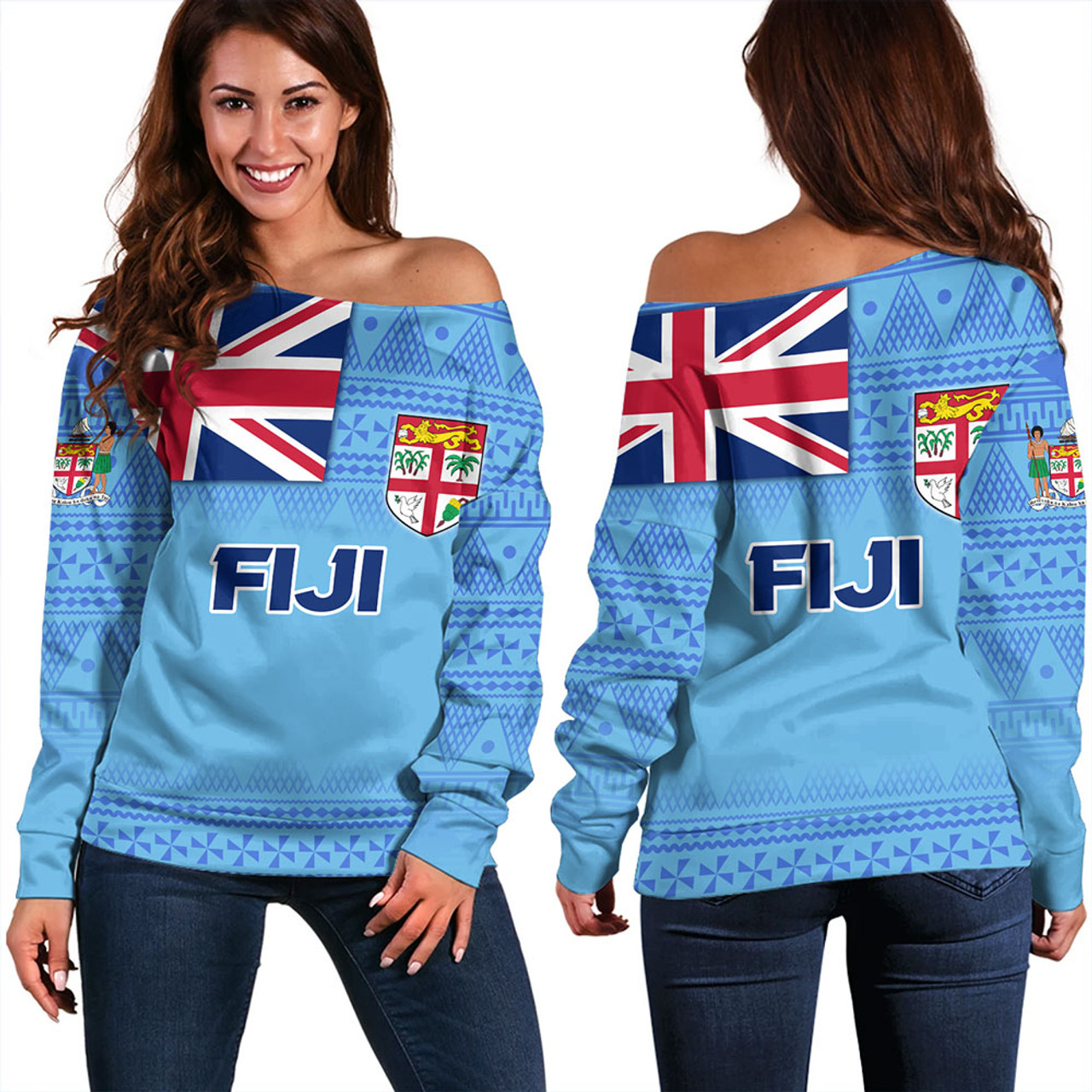 Fiji Off Shoulder Sweatshirt - Flag Color With Traditional Patterns