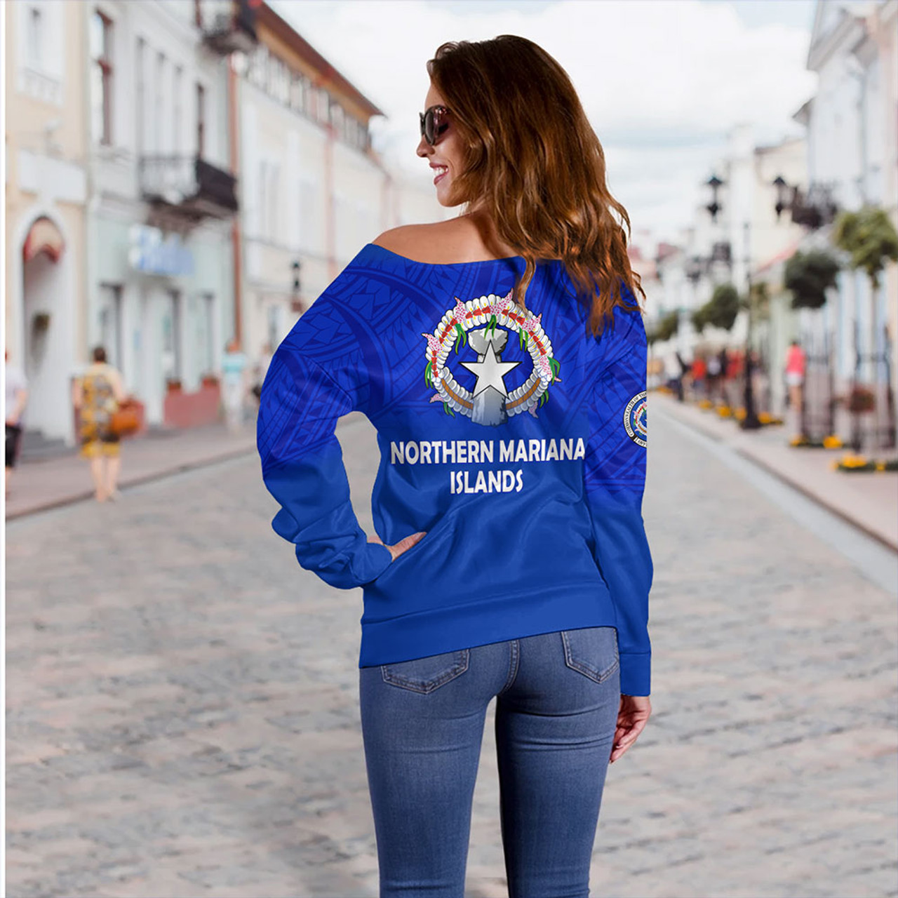 Northern Mariana Islands Off Shoulder Sweatshirt - Flag Color With Traditional Patterns