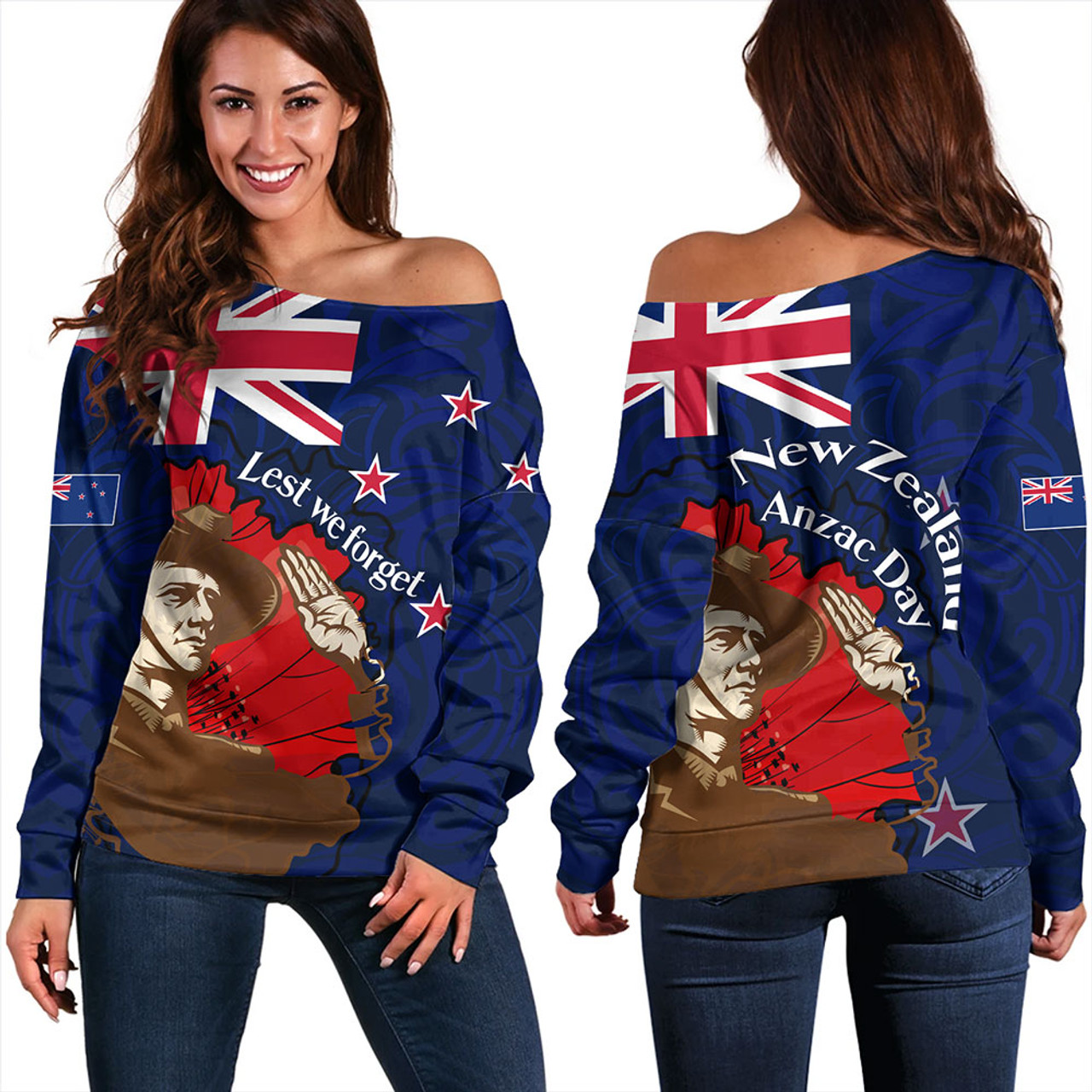 New Zealand Off Shoulder Sweatshirt - FLag Anzac Day Maori Patterns