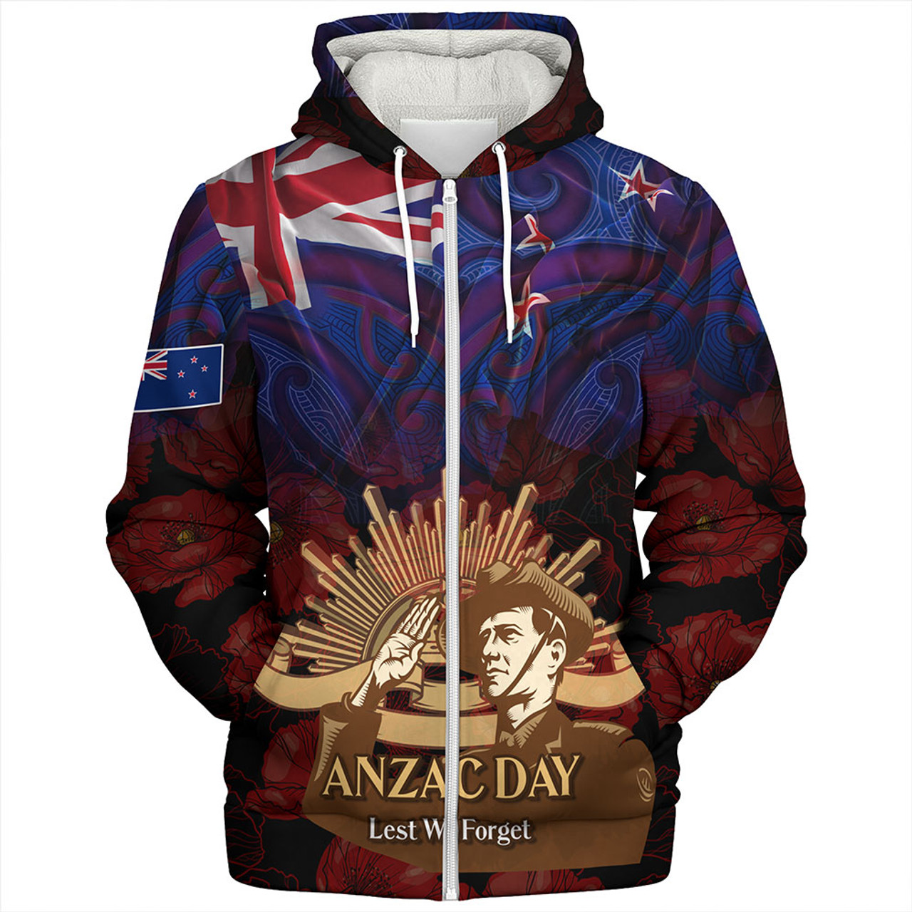 New Zealand Sherpa Hoodie - Anzac Soldier Maori Patterns