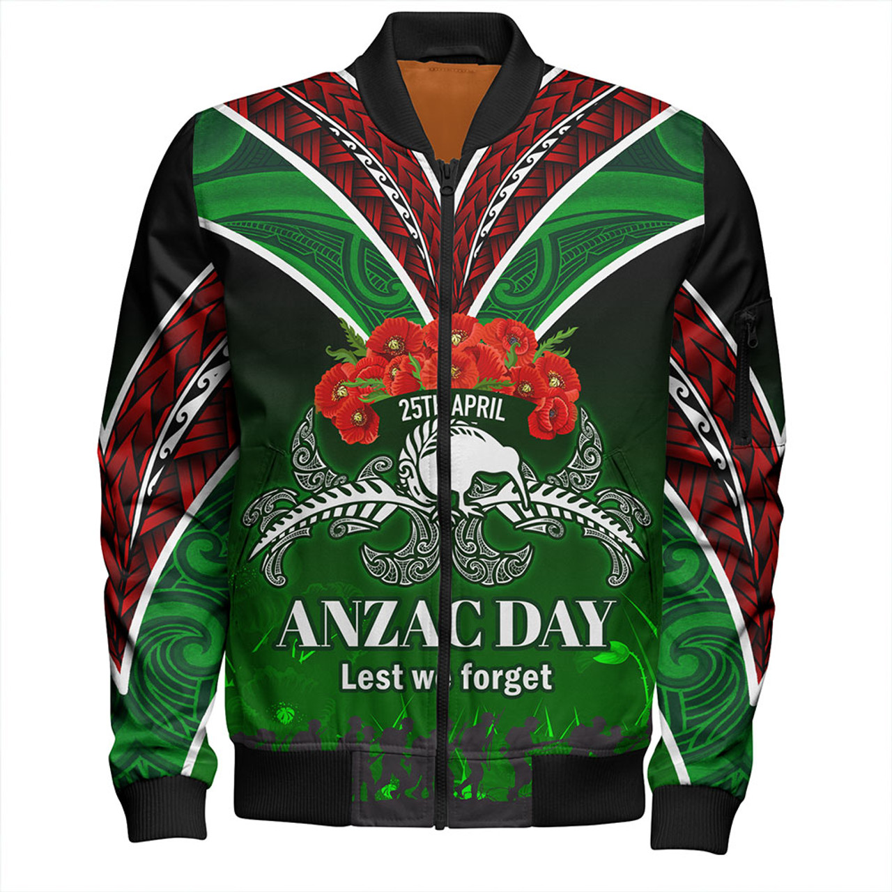 New Zealand Bomber Jacket - Anzac Day Silver Ferns Kiwi Birds Style 1