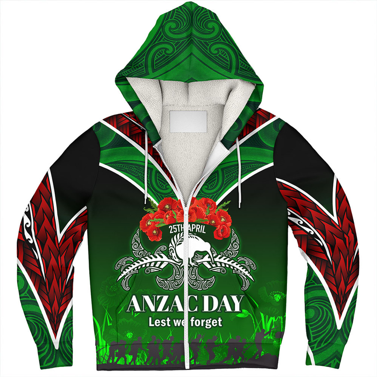 New Zealand Sherpa Hoodie - Anzac Day Silver Ferns Kiwi Birds Style 2