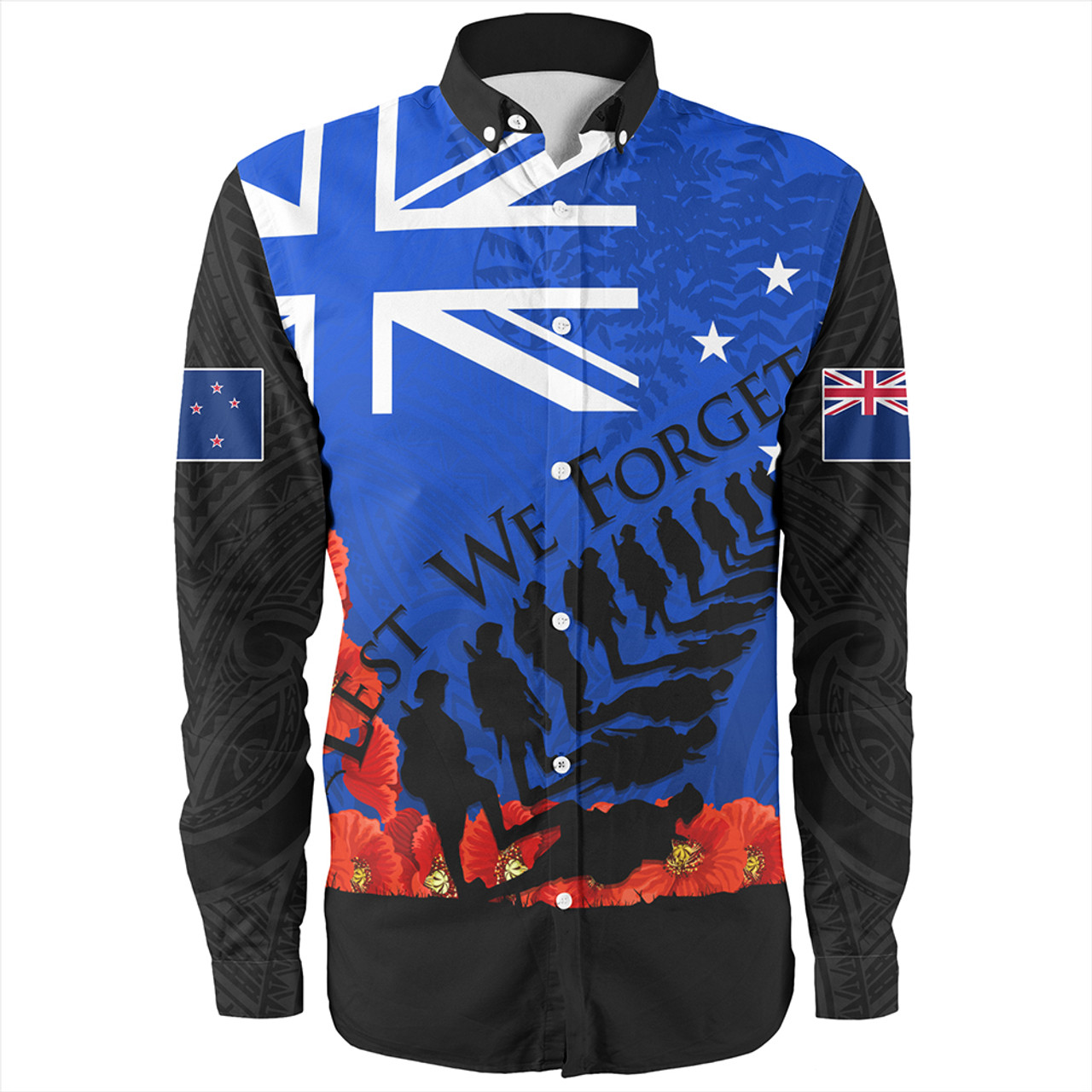 New Zealand Long Sleeve Shirt Flag Anzac Day And Red Poppy
