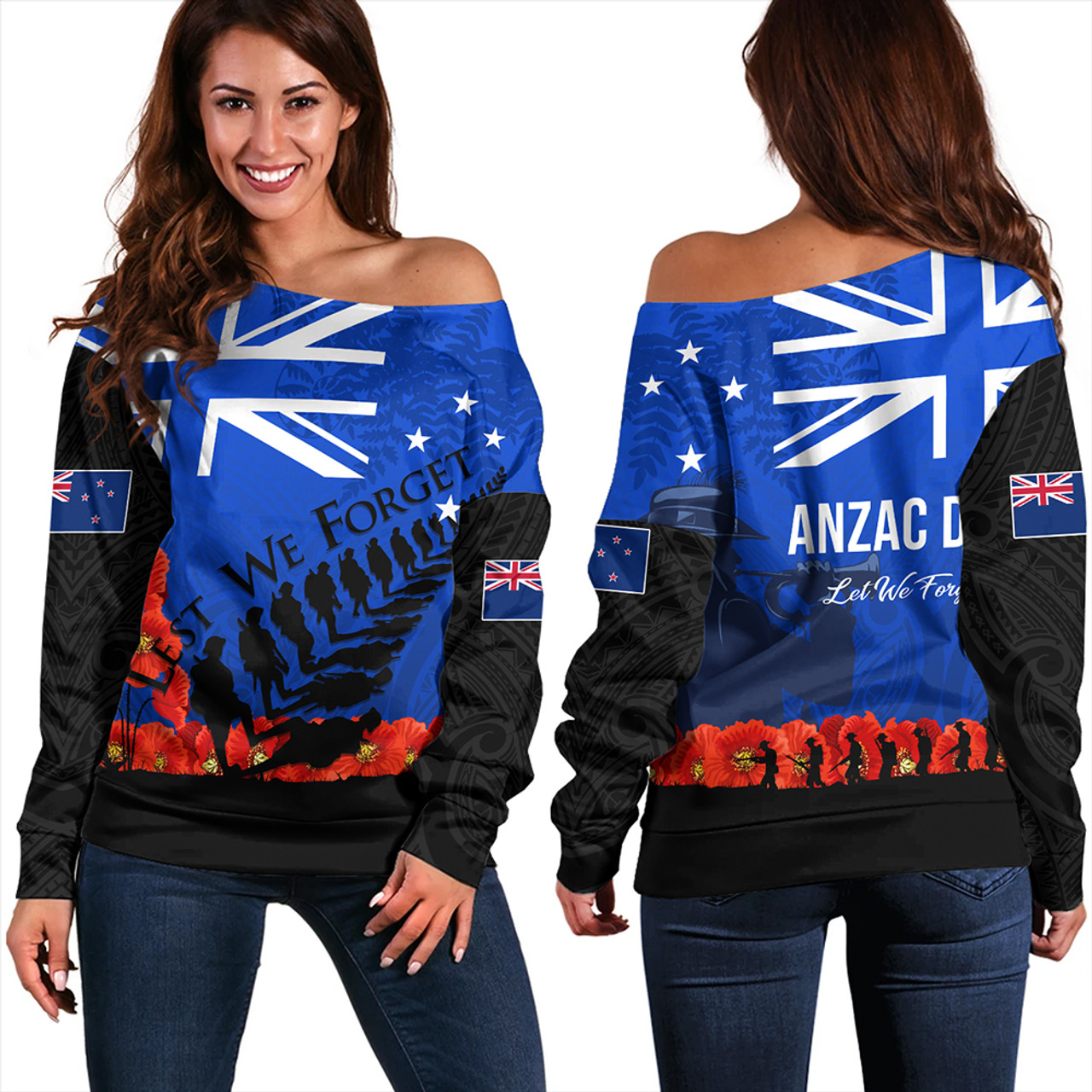 New Zealand Off Shoulder Sweatshirt Flag Anzac Day And Red Poppy