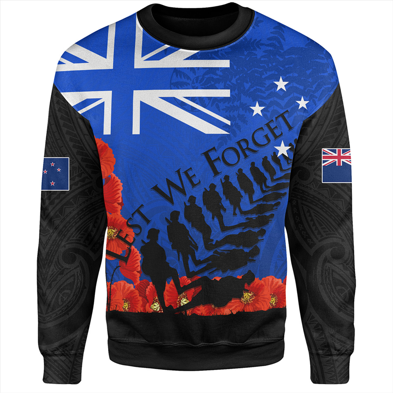 New Zealand Sweatshirt Flag Anzac Day And Red Poppy