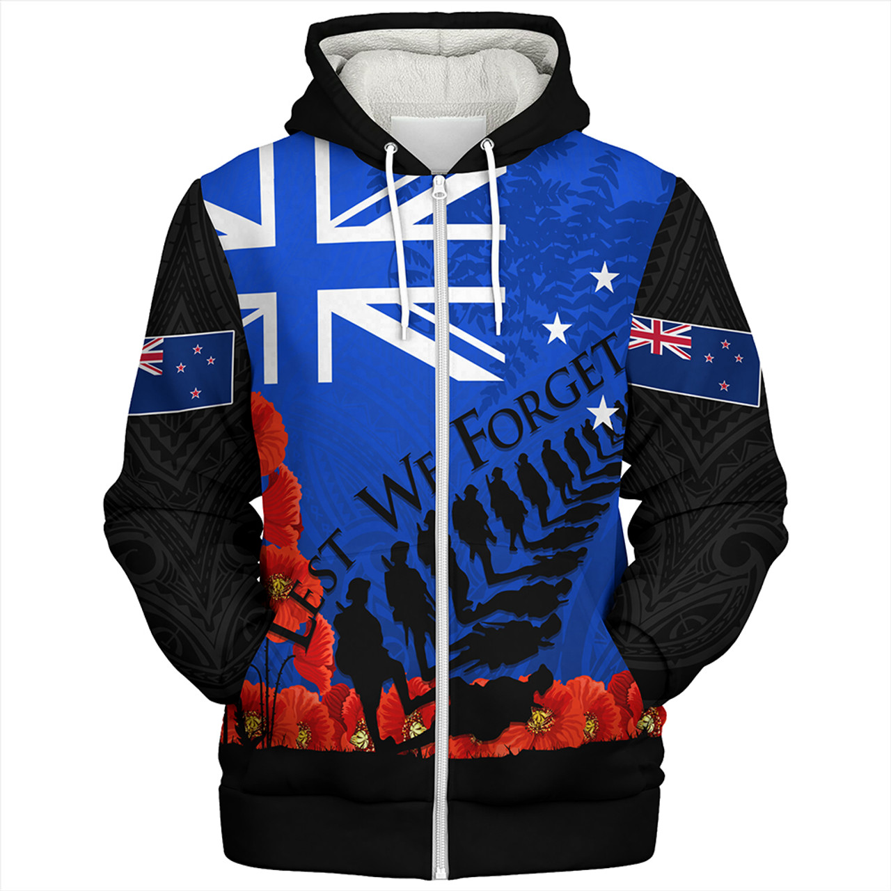 New Zealand Sherpa Hoodie Flag Anzac Day And Red Poppy