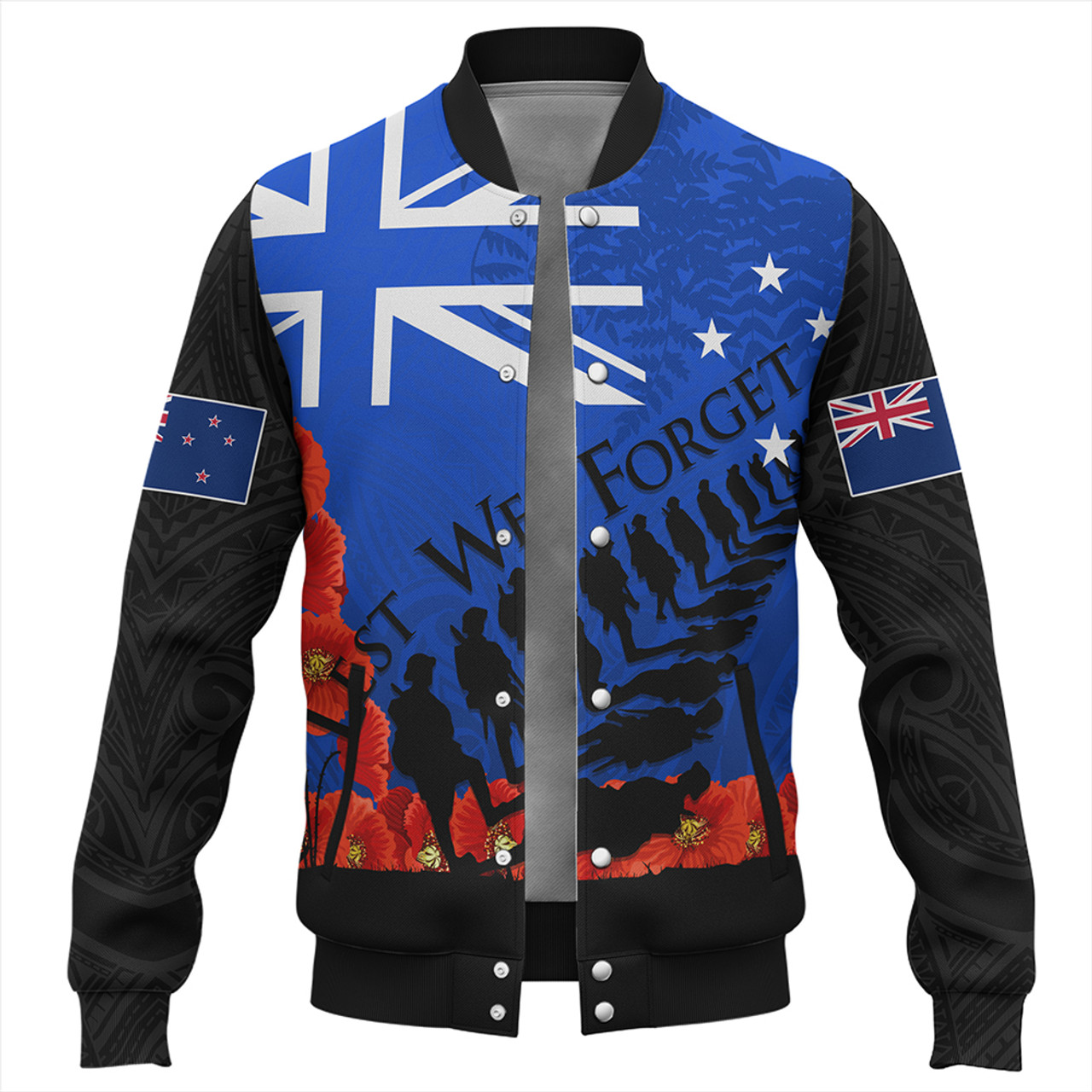 New Zealand Baseball Jacket Flag Anzac Day And Red Poppy