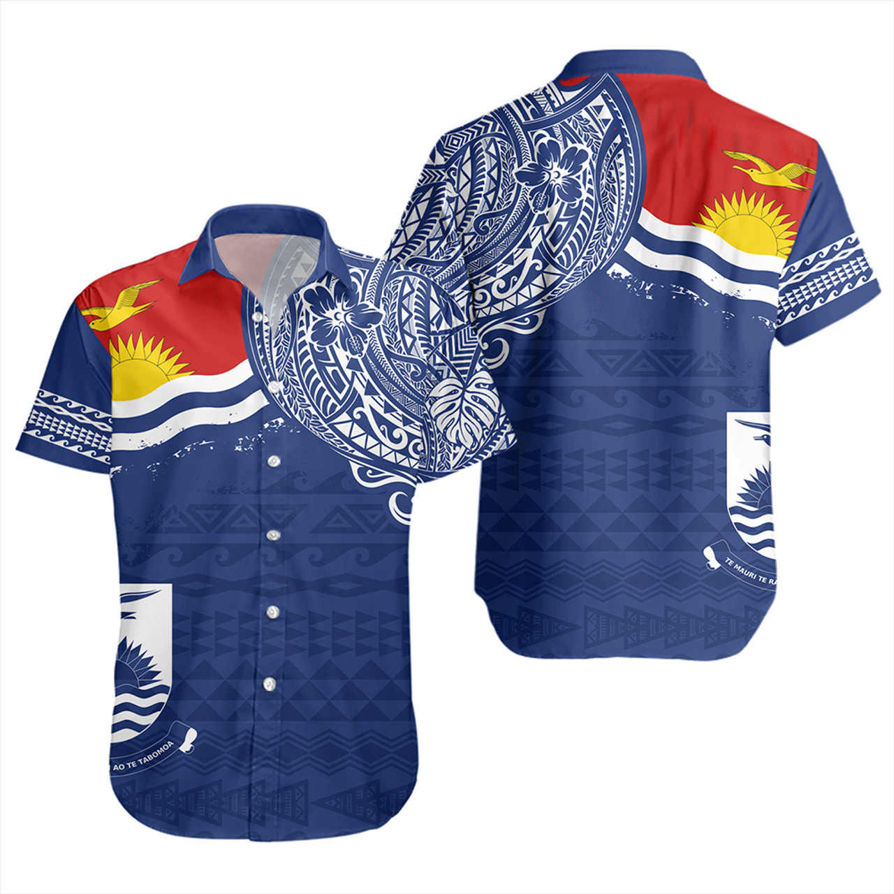 Kiribati Short Sleeve Shirt Polynesian Flag With Coat Of Arms