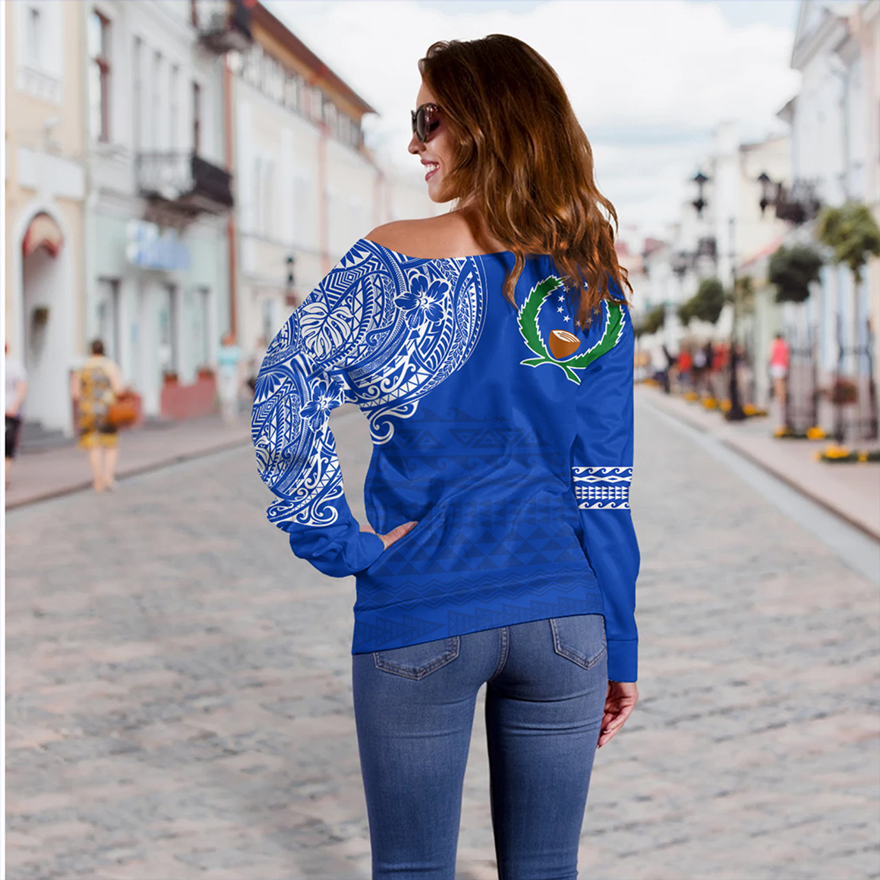 Pohnpei State Off Shoulder Sweatshirt Polynesian Flag With Coat Of Arms