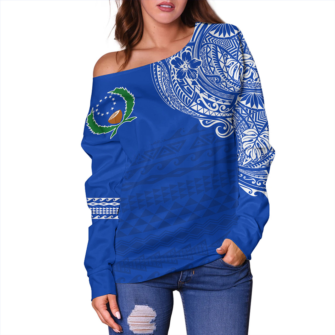Pohnpei State Off Shoulder Sweatshirt Polynesian Flag With Coat Of Arms