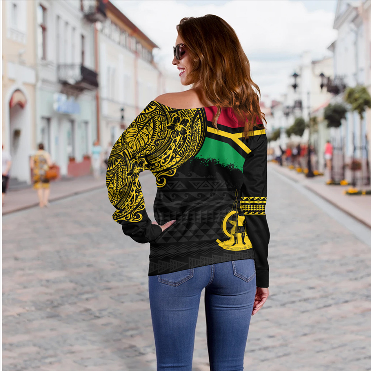 Vanuatu Off Shoulder Sweatshirt Polynesian Flag With Coat Of Arms