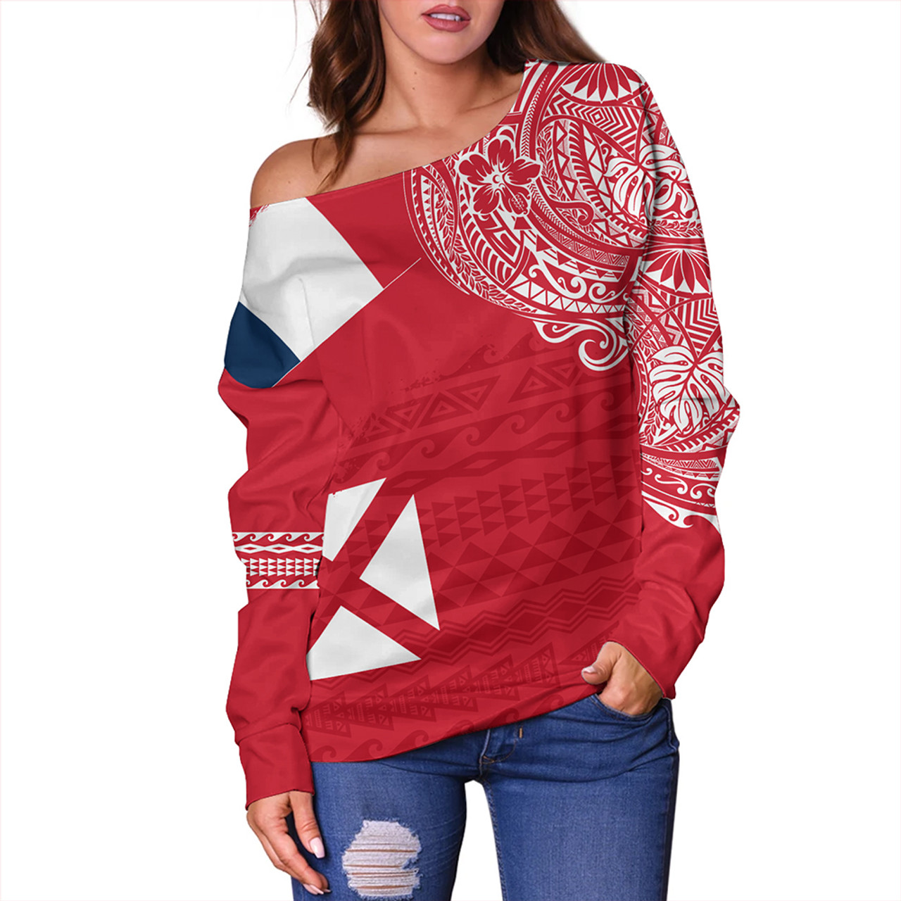 Wallis And Futuna Off Shoulder Sweatshirt Polynesian Flag With Coat Of Arms